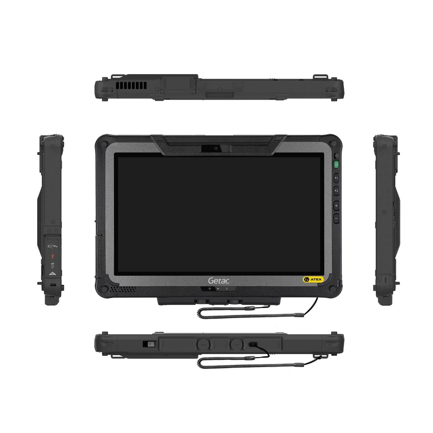 ATEX-zertifiziertes Tablet Getac F110 G7-Ex, frontal, mit Seitenansichten