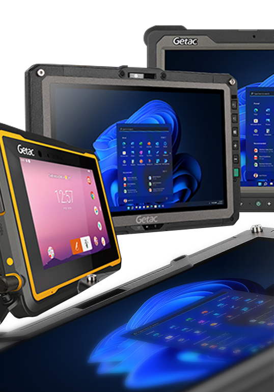 Robuste Tablets von Getac mit Windows 11 bzw. Android Bildschirm, sich gegenseitig überlappend