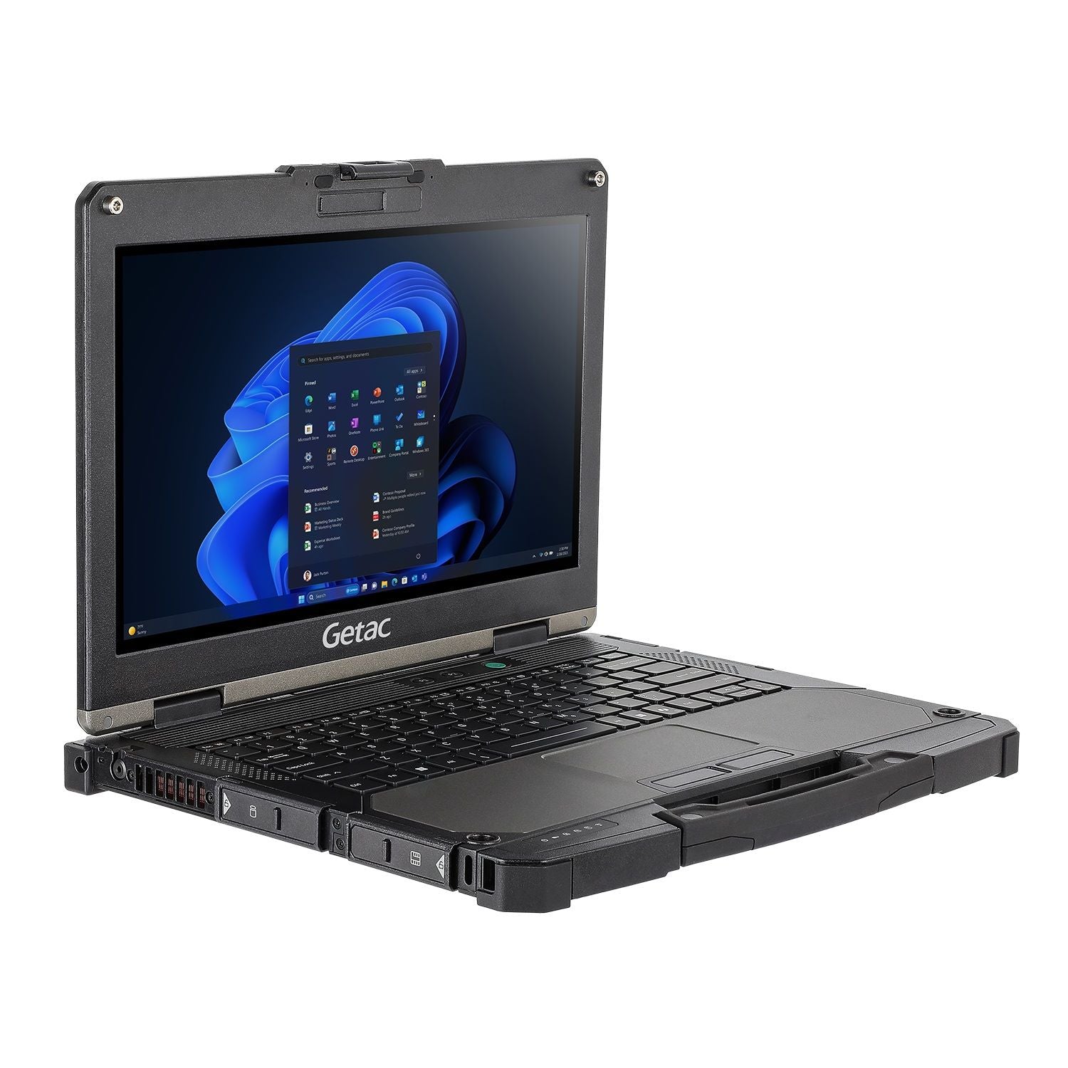 Robuster Laptop Getac B360 G3, nach rechts gedreht aufgeklappt, Windows 11