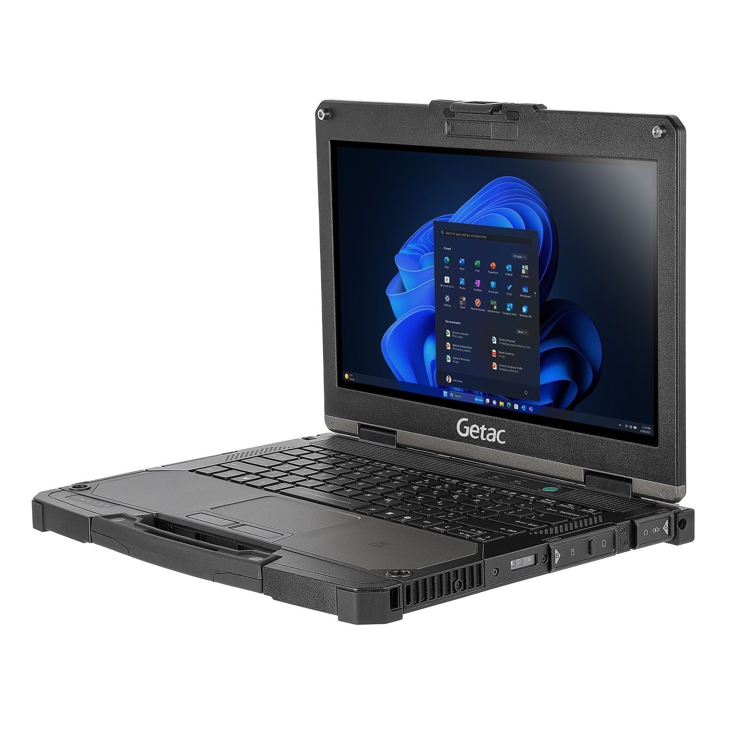 Robuster Laptop Getac B360 G3, nach links gedreht aufgeklappt, Windows 11