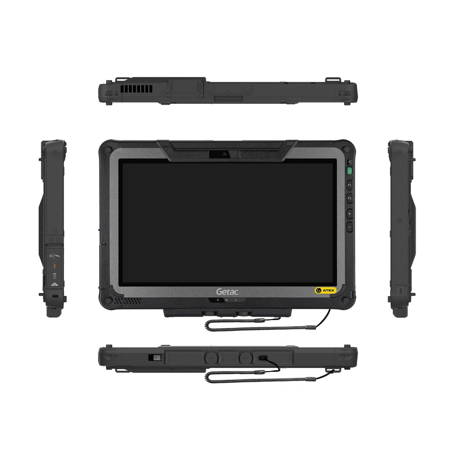 ATEX-zertifiziertes Tablet Getac F110 G7-Ex, frontal, mit Seitenansichten